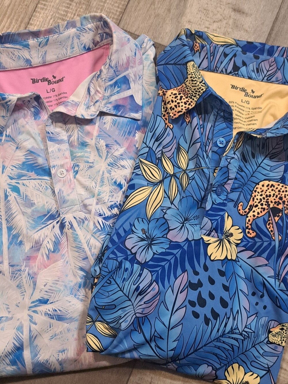 Mens Birdie Bound Golf Polo Shirts Lot Of 2 Novelty Cheetah & Pastel Sz LRG